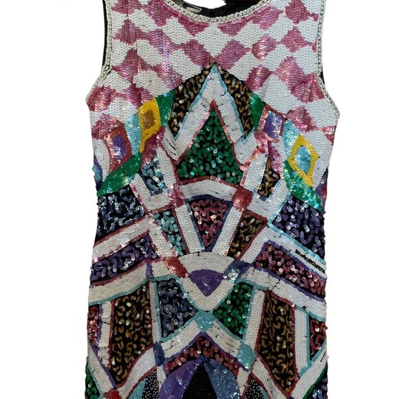 VTG Carina Dress Multicolor Sequin Geometric Sleeveless Mini Sz M Y2K Bodycon - Picture 5 of 16